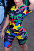 Camouflage Fashion Sexy Print zipper Colorblock Short Sleeve Turndown Collar 