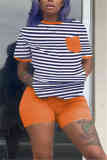 Orange Fashion Casual Striped Print T-shirt Shorts Set