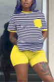 Yellow Fashion Casual Striped Print T-shirt Shorts Set