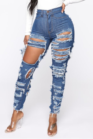 Dark Blue Fashion Sexy Solid Ripped High Waist Skinny Jeans
