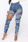 Dark Blue Fashion Sexy Solid Ripped High Waist Skinny Jeans