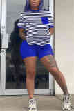 Blue Fashion Casual Striped Print T-shirt Shorts Set