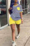 Yellow Fashion Casual Striped Print T-shirt Shorts Set
