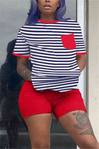Red Fashion Casual Striped Print T-shirt Shorts Set