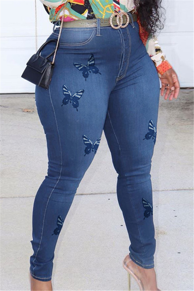 

Deep Blue Fashion Casual Butterfly Print Basic Mid Waist Skinny Jeans (Without Belt)