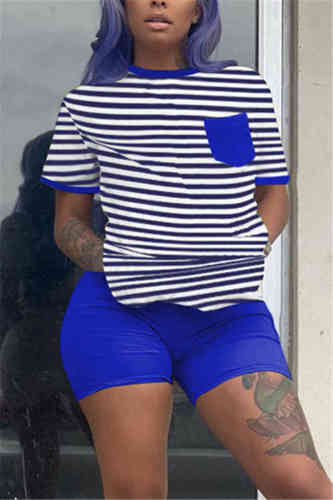 Blue Fashion Casual Striped Print T-shirt Shorts Set