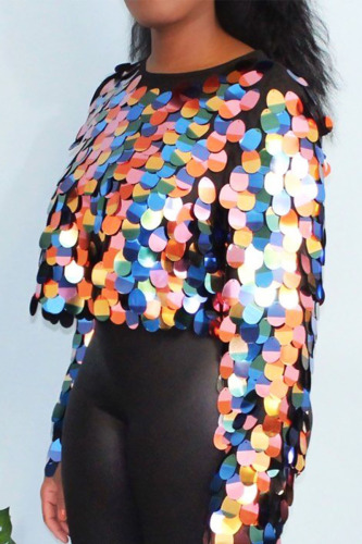 colour Sexy Adult Solid Sequins See-through O Neck Tops