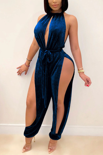 Blue Sexy Solid Bandage Slit Jumpsuits