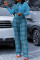 Lake Blue Fashion Sexy Turndown Collar Plaid Patchwork Jumpsuits