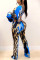 Blue Sexy Leopard Pants One Shoulder Long Sleeve Two Pieces