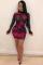 rose red Polyester adult Sexy Fashion Cap Sleeve Long Sleeves O neck Step Skirt Mini Mesh Print 