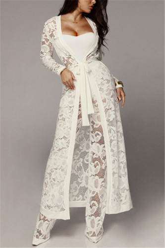 White Fashion Sexy Solid See-through Long Sleeve Three-piece Set