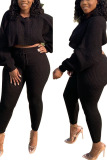 Black Casual Solid O Neck Long Sleeve Regular Sleeve Short Two Pieces