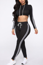 Black Fashion Active Casual Solid backless contrast color pencil Long Sleeve Two Pieces