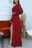Red Fashion Casual Print Slit V Neck Long Sleeve Dress