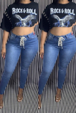 Blue Fashion Casual Solid Strap Design Mid Waist Skinny Jeans