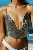 Gold Fashion Sexy Patchwork Patchwork Backless Halter Tops