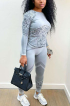 Grey Casual Print O Neck Long Sleeve Two Pieces