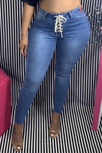 Blue Fashion Casual Solid Strap Design Mid Waist Skinny Jeans