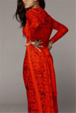 Red Fashion Sexy Solid See-through Long Sleeve Three-piece Set