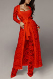 Red Fashion Sexy Solid See-through Long Sleeve Three-piece Set