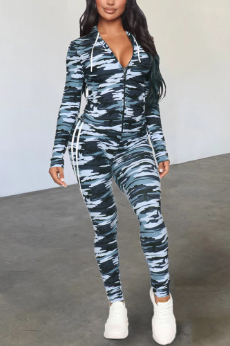 Blue Fashion Casual Camouflage Print Basic Hooded Collar Long Sleeve Two Pieces