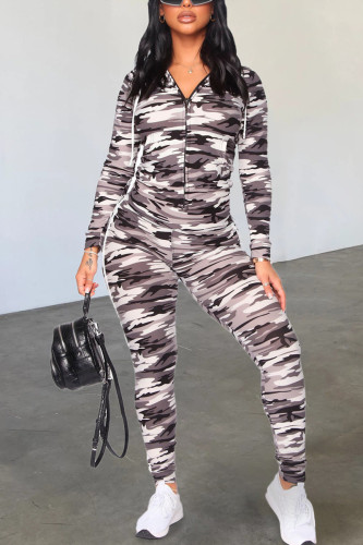 Grey Fashion Casual Camouflage Print Basic Hooded Collar Long Sleeve Two Pieces