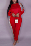 Red Fashion Casual Patchwork Solid Patchwork O Neck Long Sleeve Two Pieces