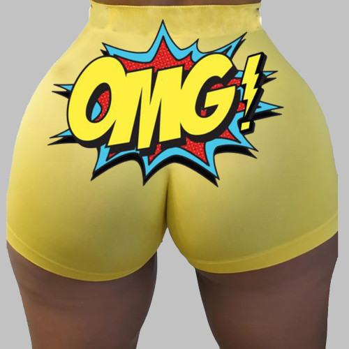 Yellow Casual Sportswear Print Basic Skinny Shorts