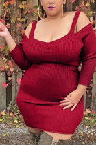 Red Sexy Solid Wrapped Skirt Plus Size 