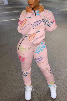 Pink Sportswear Letter Print Zipper Collar Long Sleeve Two Pieces