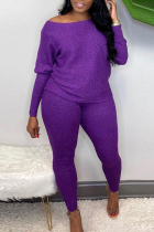 purple Fashion Casual Solid Basic O Neck Plus Size Set