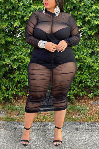 Black Solid Fold O Neck Long Sleeve Dress Plus Size 