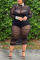 Black Solid Fold O Neck Long Sleeve Dress Plus Size 