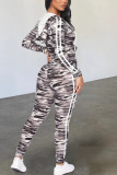 Grey Fashion Casual Camouflage Print Basic Hooded Collar Long Sleeve Two Pieces