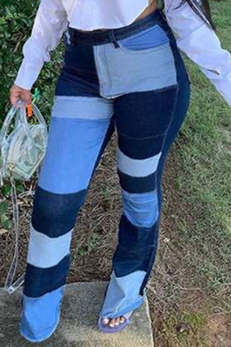 

Blue Fashion Casual Patchwork Patchwork Mid Waist Regular Trousers