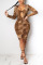 Brown Sexy Print Hollowed Out V Neck Pencil Skirt Dresses