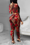 Wine Red Fashion Casual Print Basic O Neck Long Sleeve Two Pieces