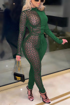 Green Fashion Sexy Patchwork See-through Turtleneck Skinny Jumpsuits