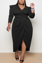Black Fashion Sexy Plus Size Solid Basic V Neck Long Sleeve Dress