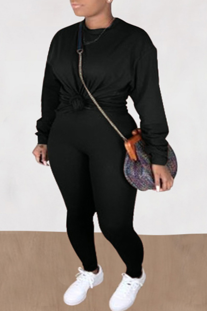 Black Casual Solid O Neck Long Sleeve Two Pieces