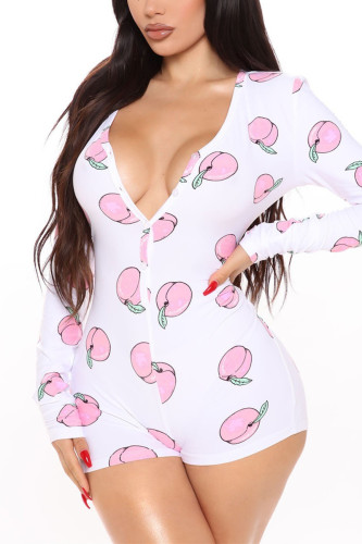 White Pink Casual Living Print Basic V Neck Skinny Romper