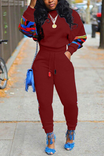 Wine Red Fashion Casual Long Sleeve O Neck Regular Sleeve Regular Print Two Pieces