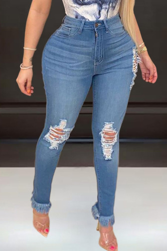 Blue Fashion Solid Ripped Mid Waist Skinny Denim