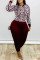 Wine Red Fashion Casual Print Basic O Neck Plus Size Set
