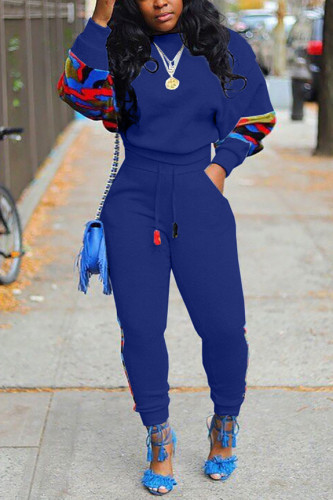 Blue Fashion Casual Long Sleeve O Neck Regular Sleeve Regular Print Two Pieces
