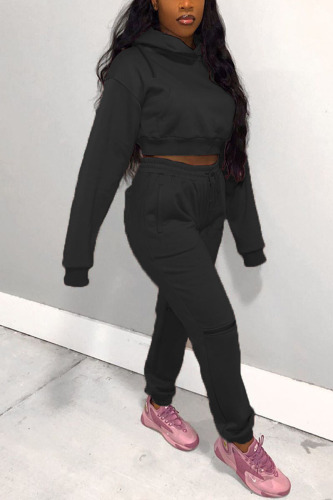 Black Street Solid Hooded Collar Long Sleeve Two Pieces