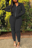 Black Fashion Casual Solid Basic Hooded Collar Long Sleeve Two Pieces