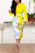 Yellow Fashion Zipper Long Sleeve Dress