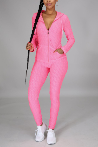 Pink Fashion Casual Solid Basic Zipper Collar Long Sleeve Two Pieces